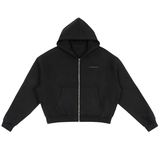 Black hoodie with a small logo on a transparent background