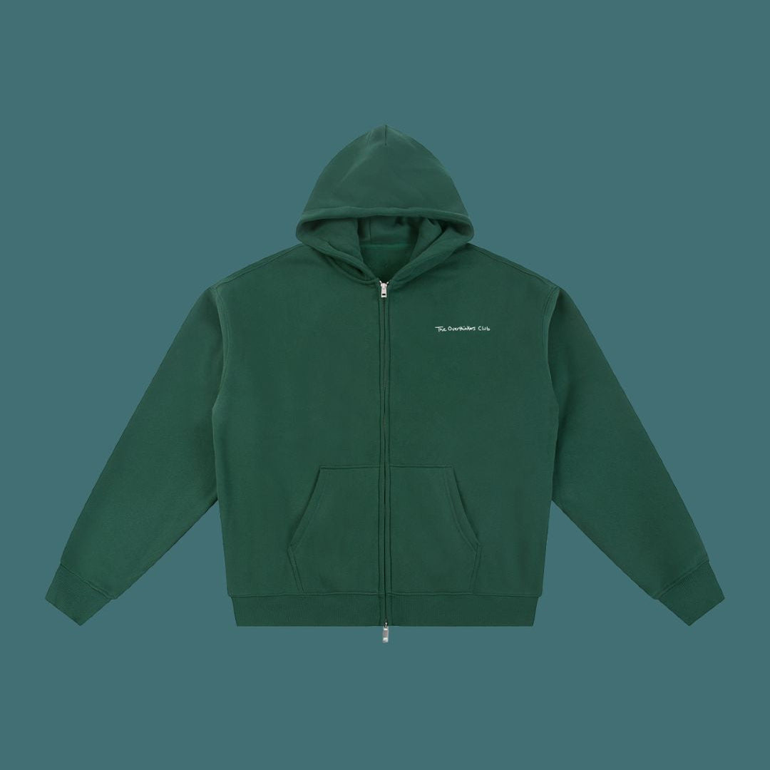 Green hoodie with a brand logo on a solid background