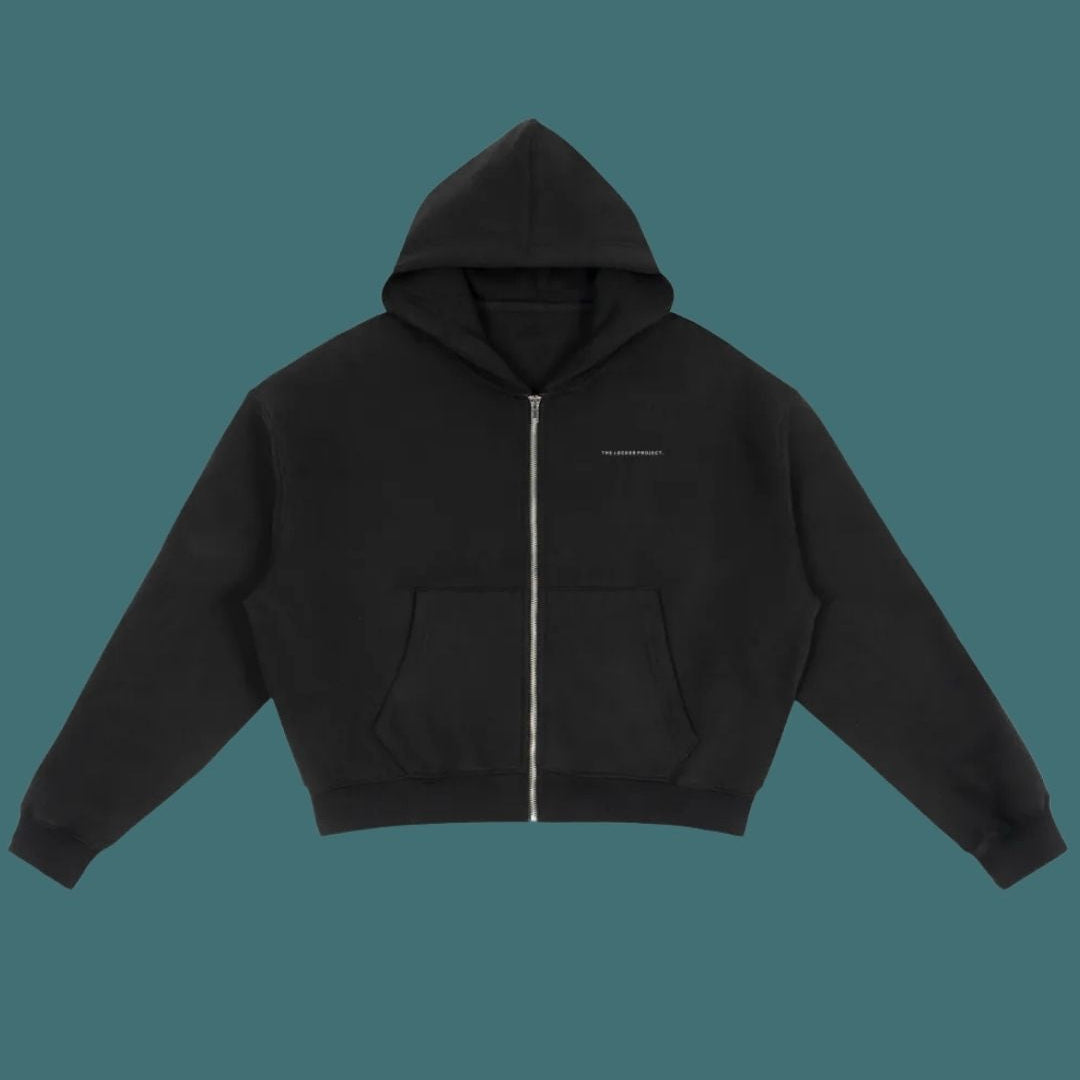 Black hoodie with a small logo on a transparent background