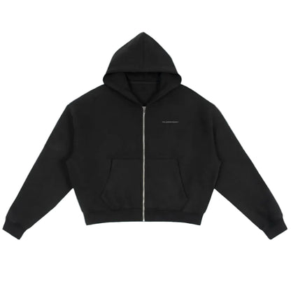 Black hoodie with a small logo on a transparent background