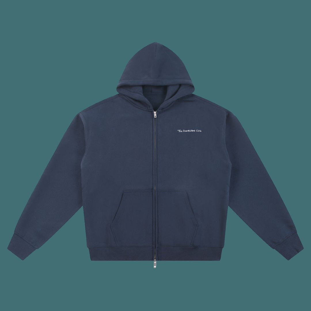 Navy blue hoodie with a small white logo on a solid background