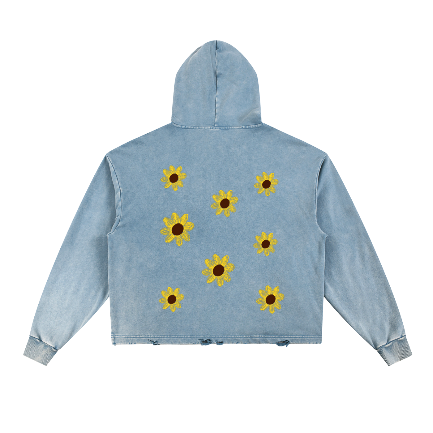 Following The Sun Sweater — back view, blue, graphic and hem detail | Overthinkers Club