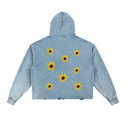 Following The Sun Sweater — back view, blue, graphic and hem detail | Overthinkers Club