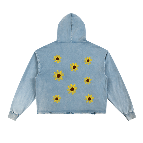 Following The Sun Sweater — back view, blue, graphic and hem detail | Overthinkers Club