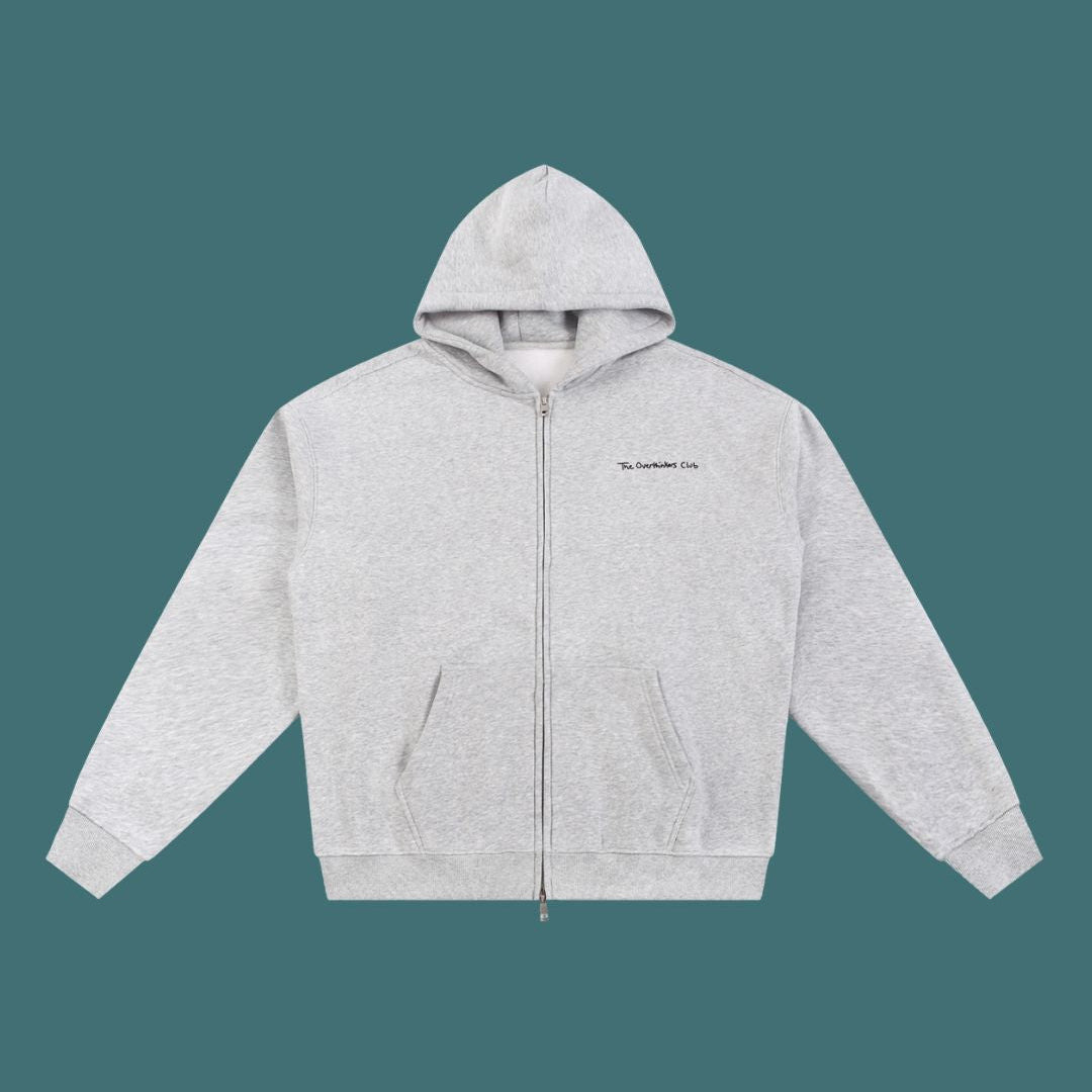 Gray hoodie with a brand logo on a teal background