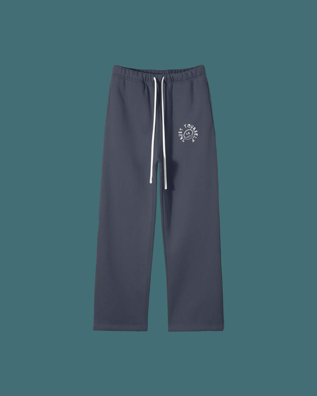 Dark gray sweatpants with a white logo on a teal background