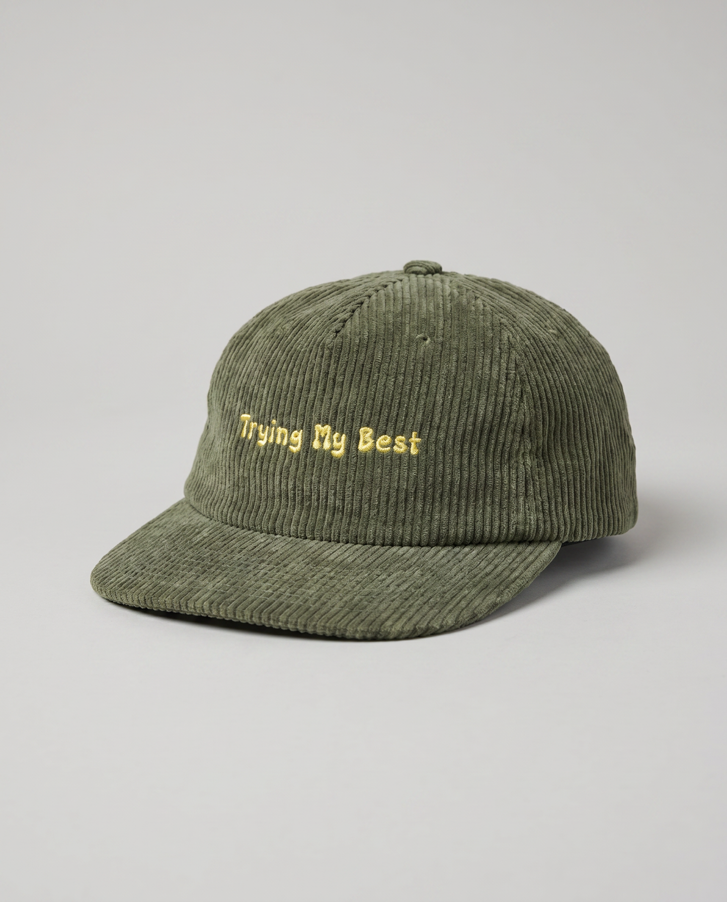 Olive green Trying My Best 5-Panel Hat — angled product shot, structured brim | Overthinkers Club