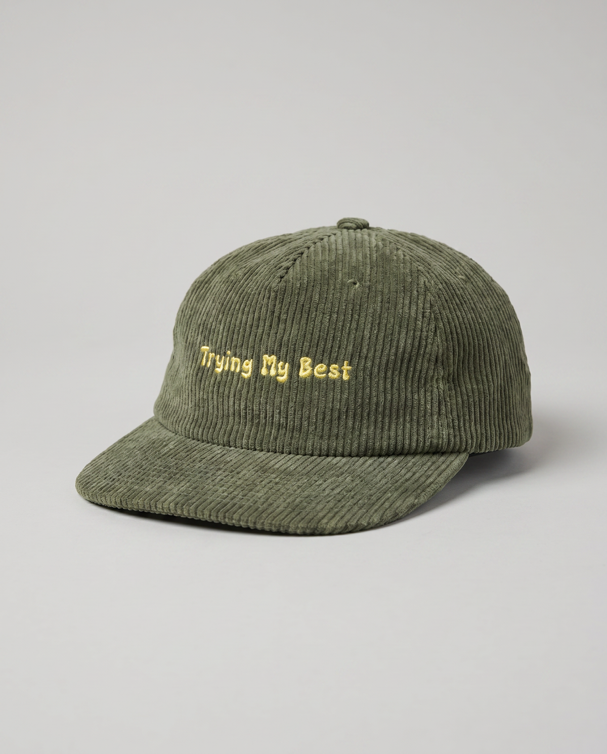 Olive green Trying My Best 5-Panel Hat — angled product shot, structured brim | Overthinkers Club