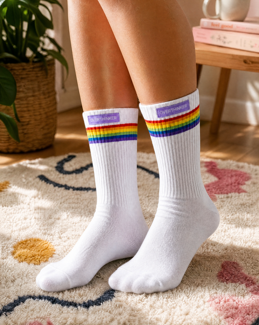 Overthinker Pride Socks – Rainbow Stripe Crew Socks