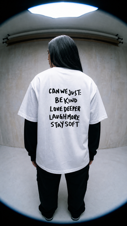 White with black Contrast Sleeve Oversized Tee — front, minimal graphic on color-block | Overthinkers Club