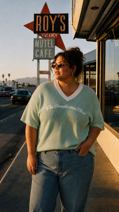 Still Here Jersey — model lifestyle, seafoam, front angle | Overthinkers Club