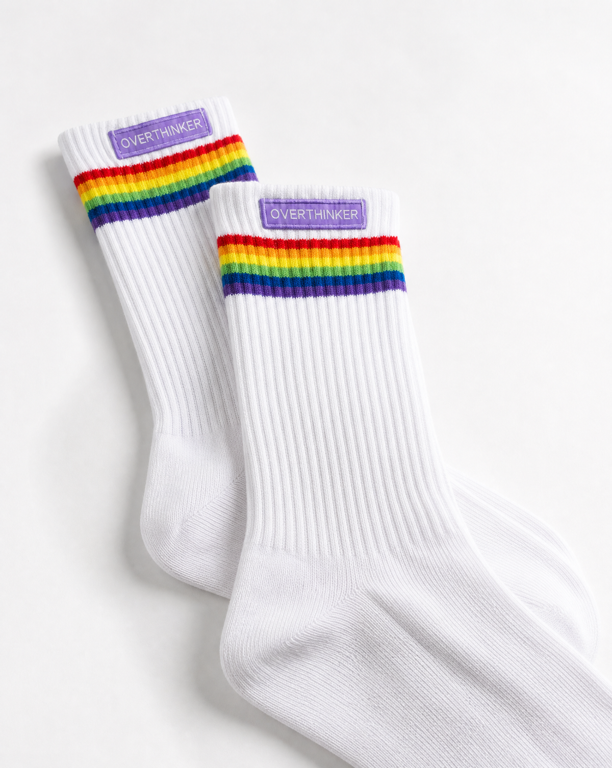 Overthinker Pride Socks — close-up of rainbow stripe pattern and ribbed cuff | Overthinkers Club