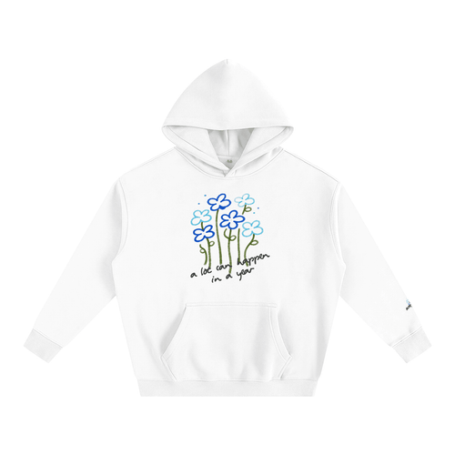 A Lot Can Happen in a Year Hoodie — back view, white, affirmation graphic | Overthinkers Club