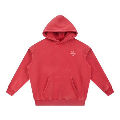 Washed crimson What If It All Works Out? Pullover Hoodie — front, distressed finish | Overthinkers Club