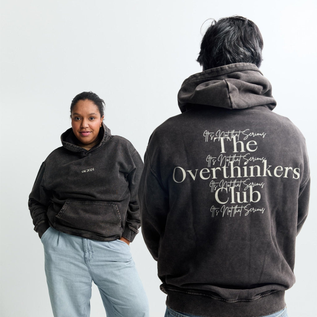 Est. 2024 Oversized Hoodie — model wearing dark grey, relaxed lifestyle view | Overthinkers Club