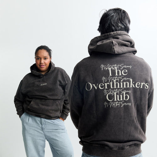 Est. 2024 Oversized Hoodie — model wearing dark grey, relaxed lifestyle view | Overthinkers Club