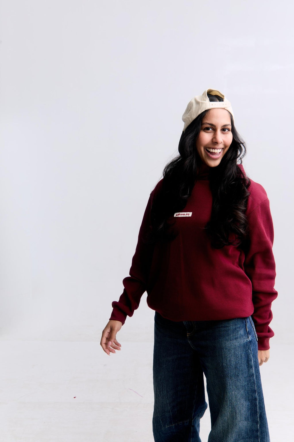 Bad Brain Day Waffle Hoodie — model lifestyle, worn open, front angle | Overthinkers Club