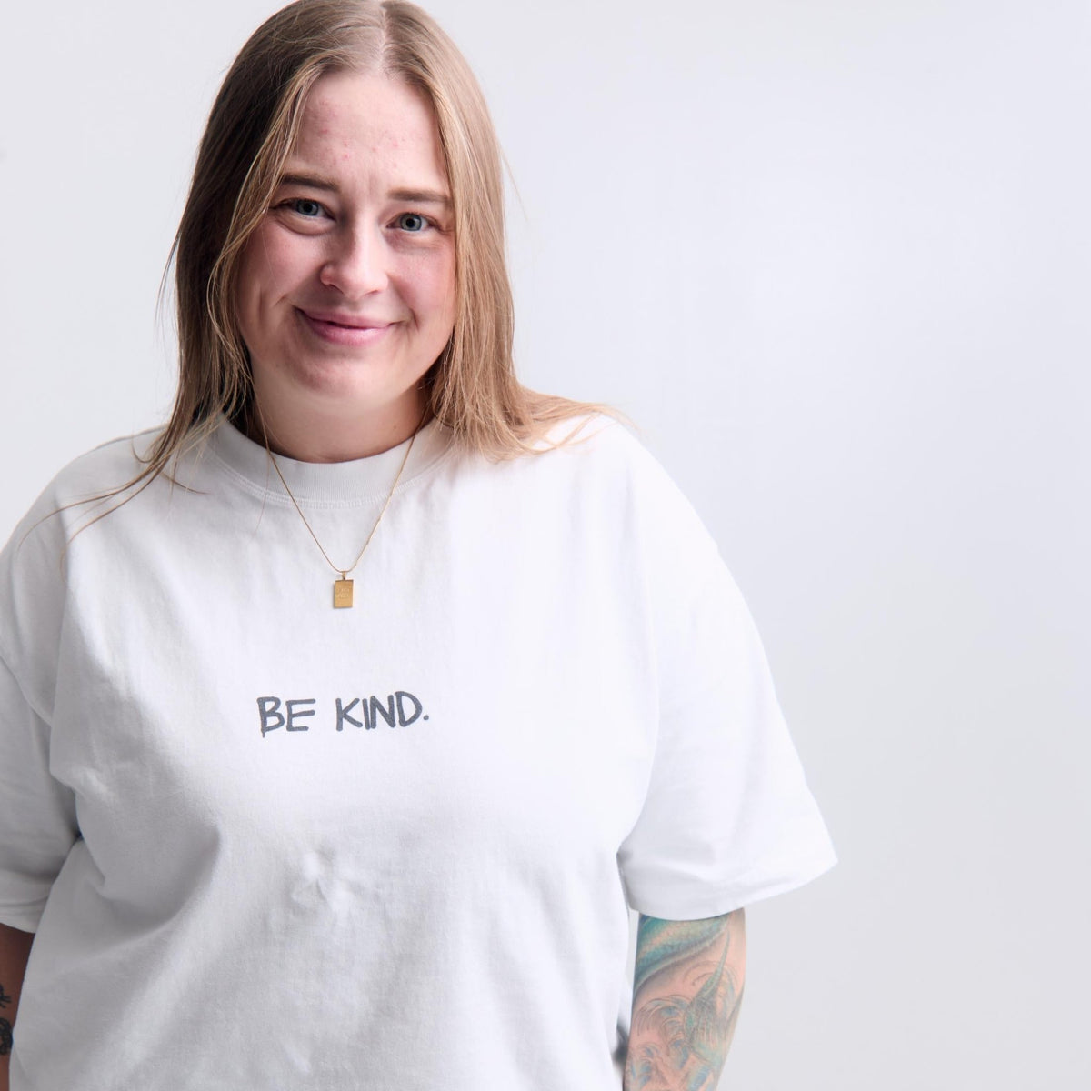 White Be Kind Tee — front, Be Kind graphic on oversized World Mental Health Day edition | Overthinkers Club