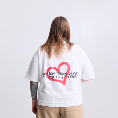 Be Kind Tee — model lifestyle shot, white, front view | Overthinkers Club