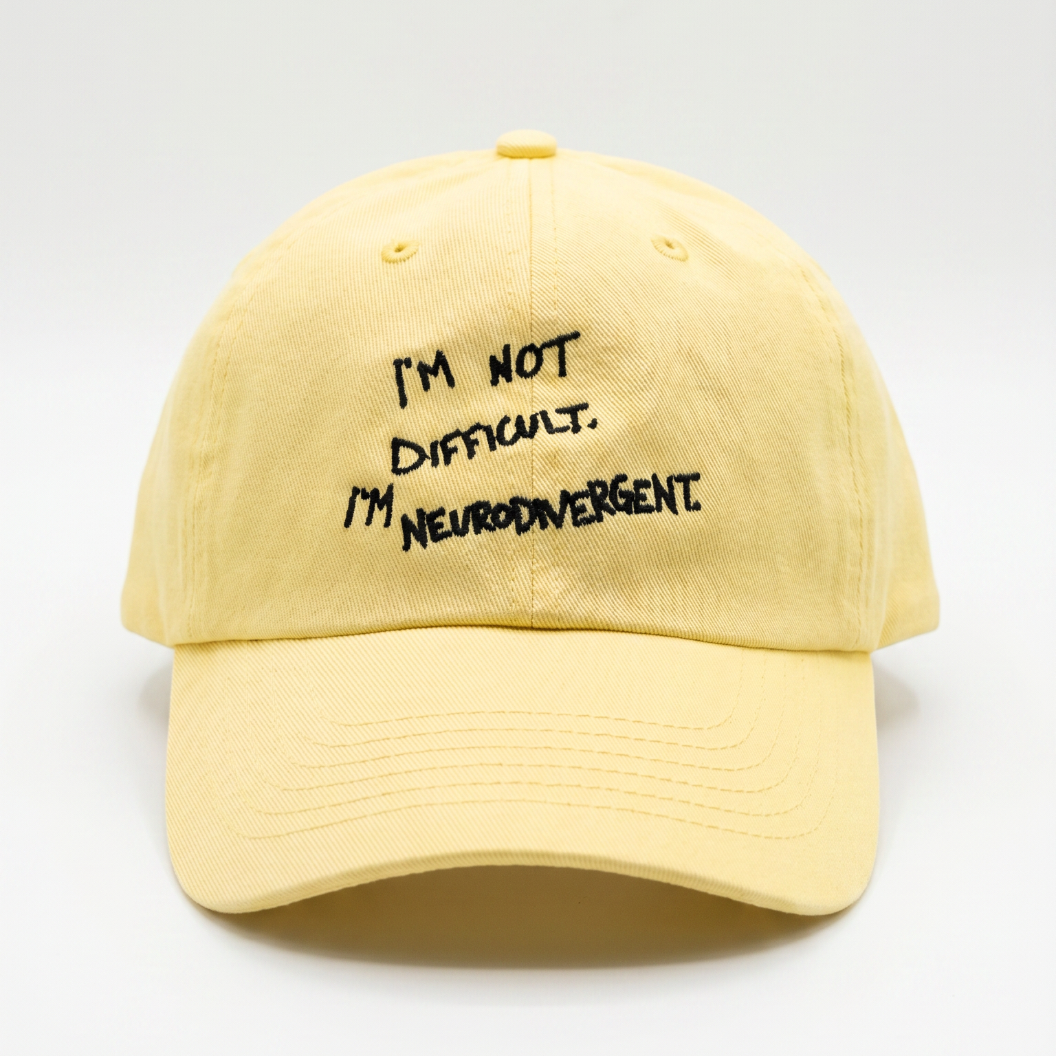 Butter yellow I'm Not Difficult I'm Neurodivergent Dad Hat — front, embroidered text | Overthinkers Club