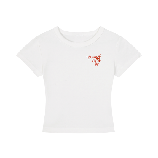White t-shirt with red text and graphics on a white background