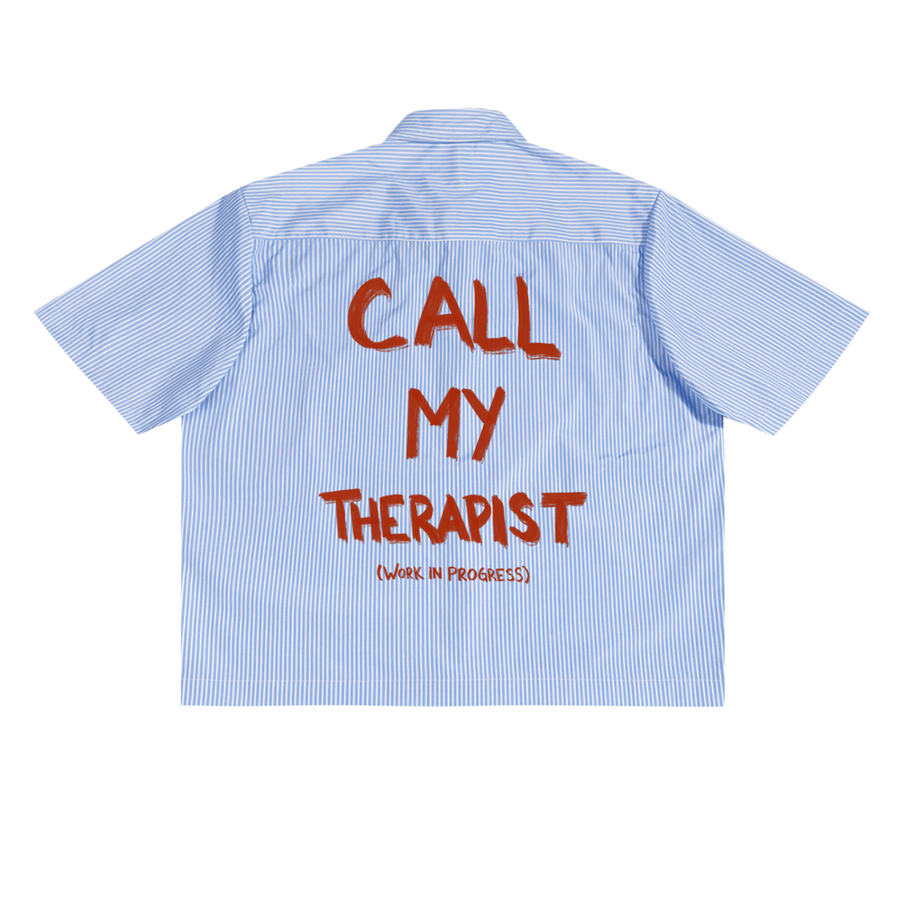 Call My Therapist Boxy Button Up — close-up of collar and button detail | Overthinkers Club