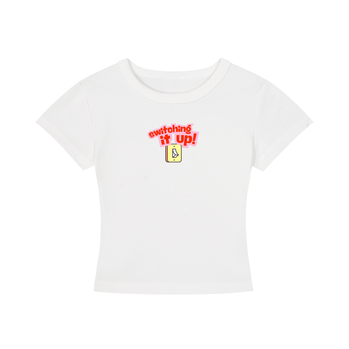 White t-shirt with red and yellow text on a white background