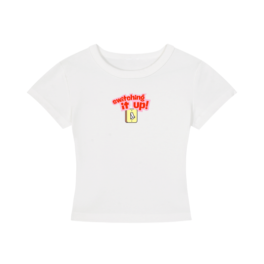 White t-shirt with red and yellow text on a white background