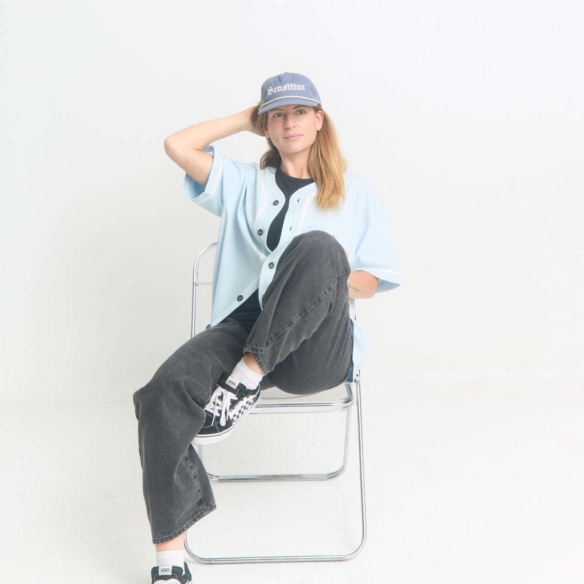 Club Sensitive Jersey Tee — model lifestyle shot, baby blue, front angle | Overthinkers Club