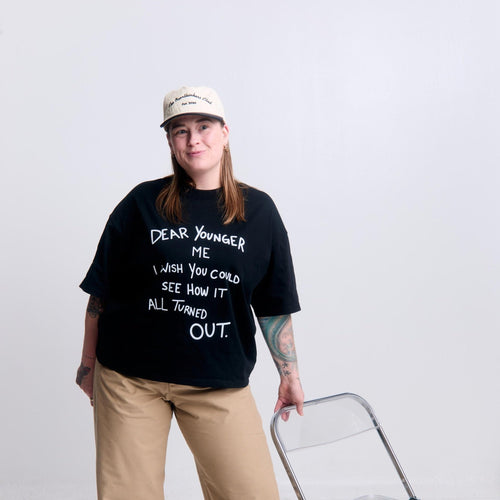Dear Younger Me Oversized Tee — back view, black cotton, graphic text | Overthinkers Club