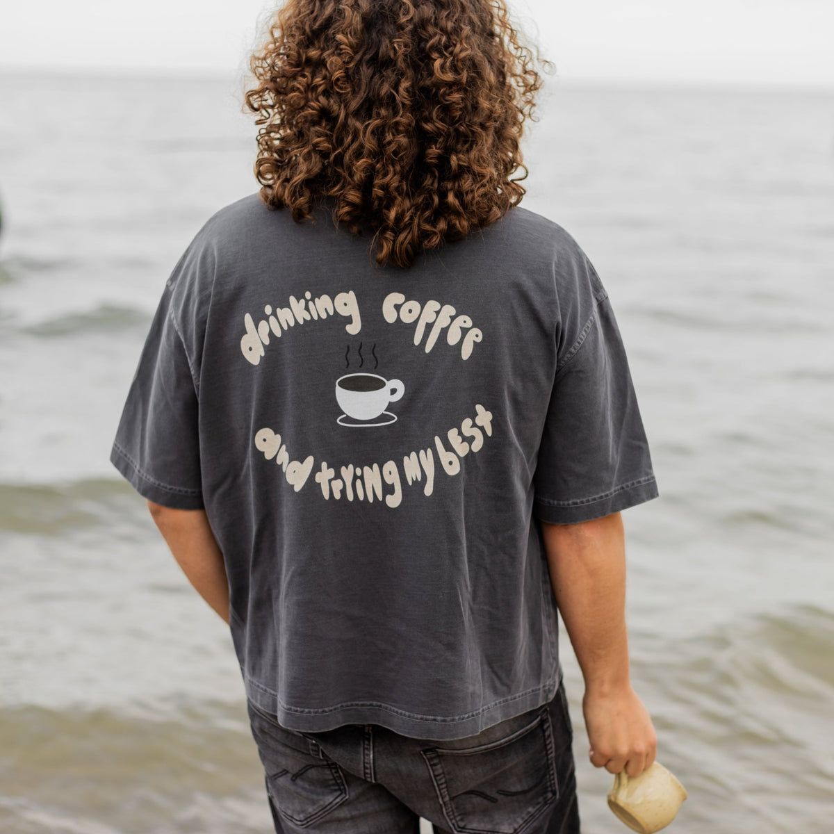 Brown Drinking Coffee and Trying My Best Tee — front, graphic print on oversized fit | Overthinkers Club