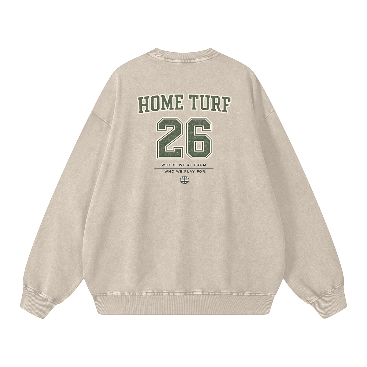 Home Turf Crewneck — back view, apricot, graphic and ribbed cuffs | Overthinkers Club