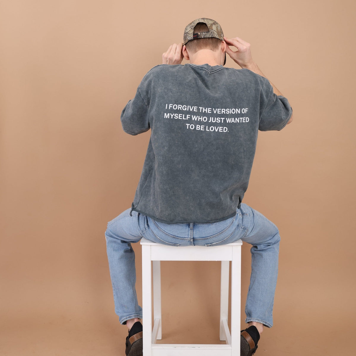 Washed grey Forgiveness Vintage-Wash Oversized Tee — front view, relaxed lived-in fit | Overthinkers Club