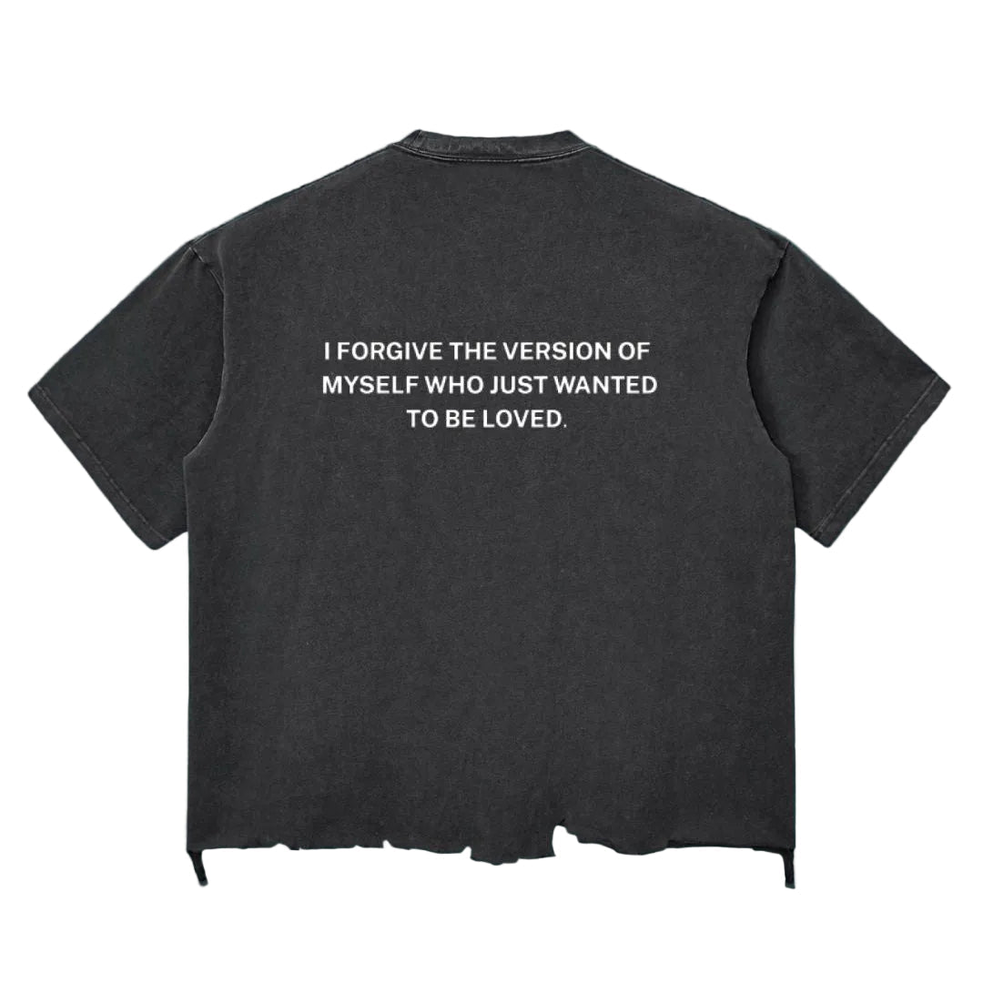 Forgiveness Vintage-Wash Tee — flat lay front, washed black colorway | Overthinkers Club