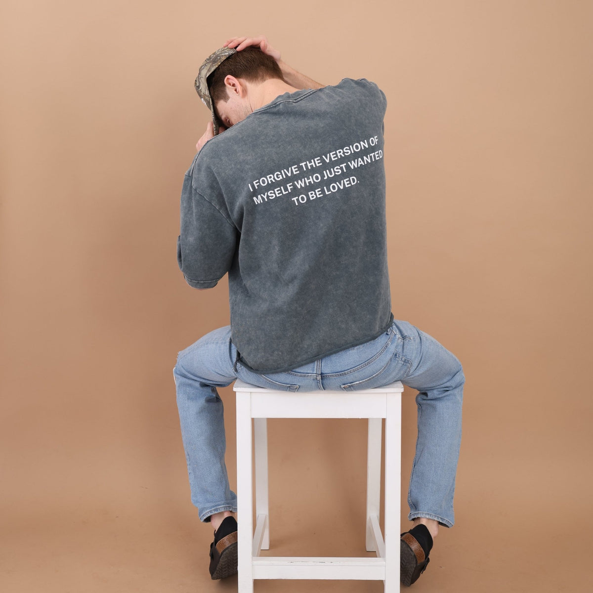 Forgiveness Vintage-Wash Tee — back view, washed grey, back print detail | Overthinkers Club