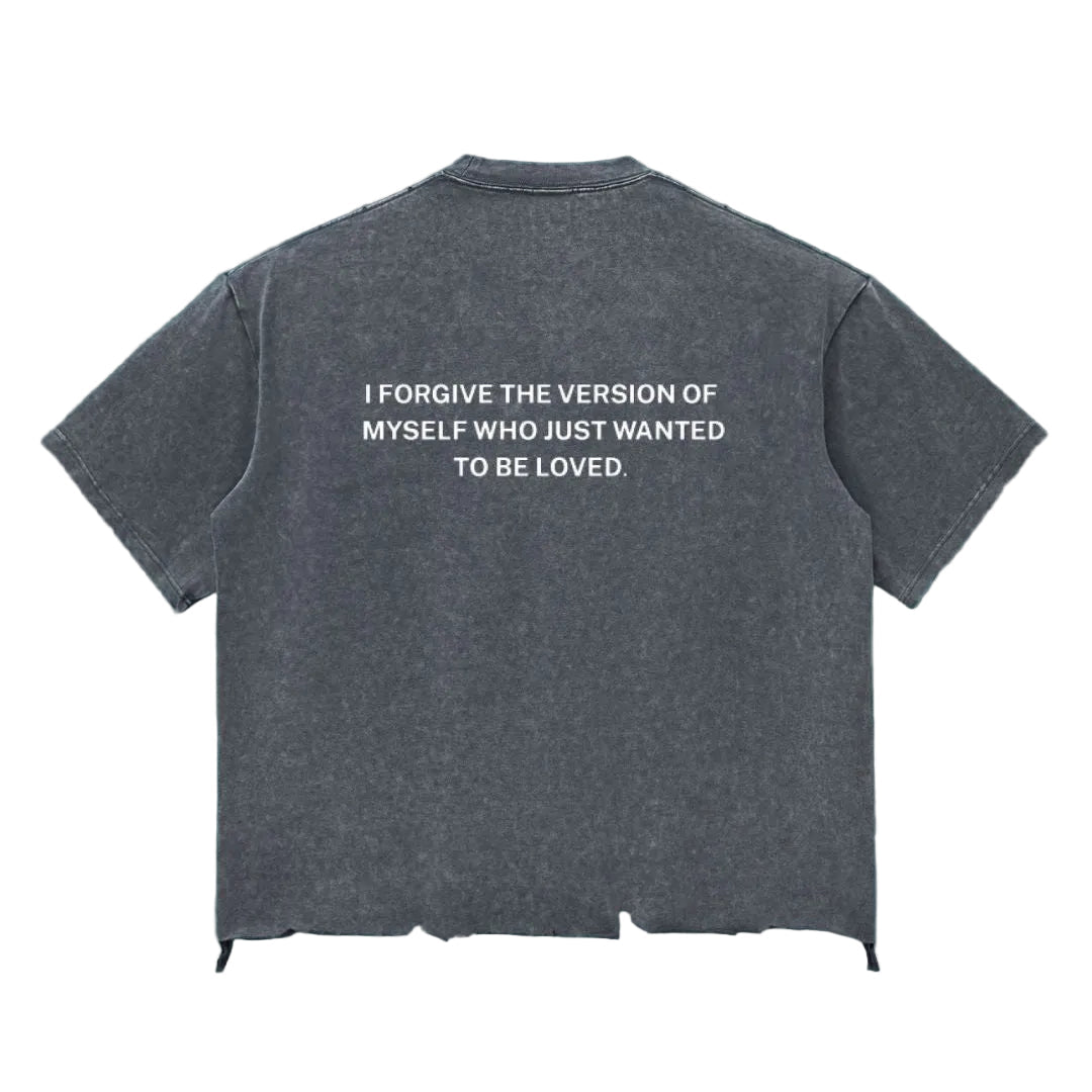 Forgiveness Vintage-Wash Tee — close-up of distressed hem and cotton texture | Overthinkers Club