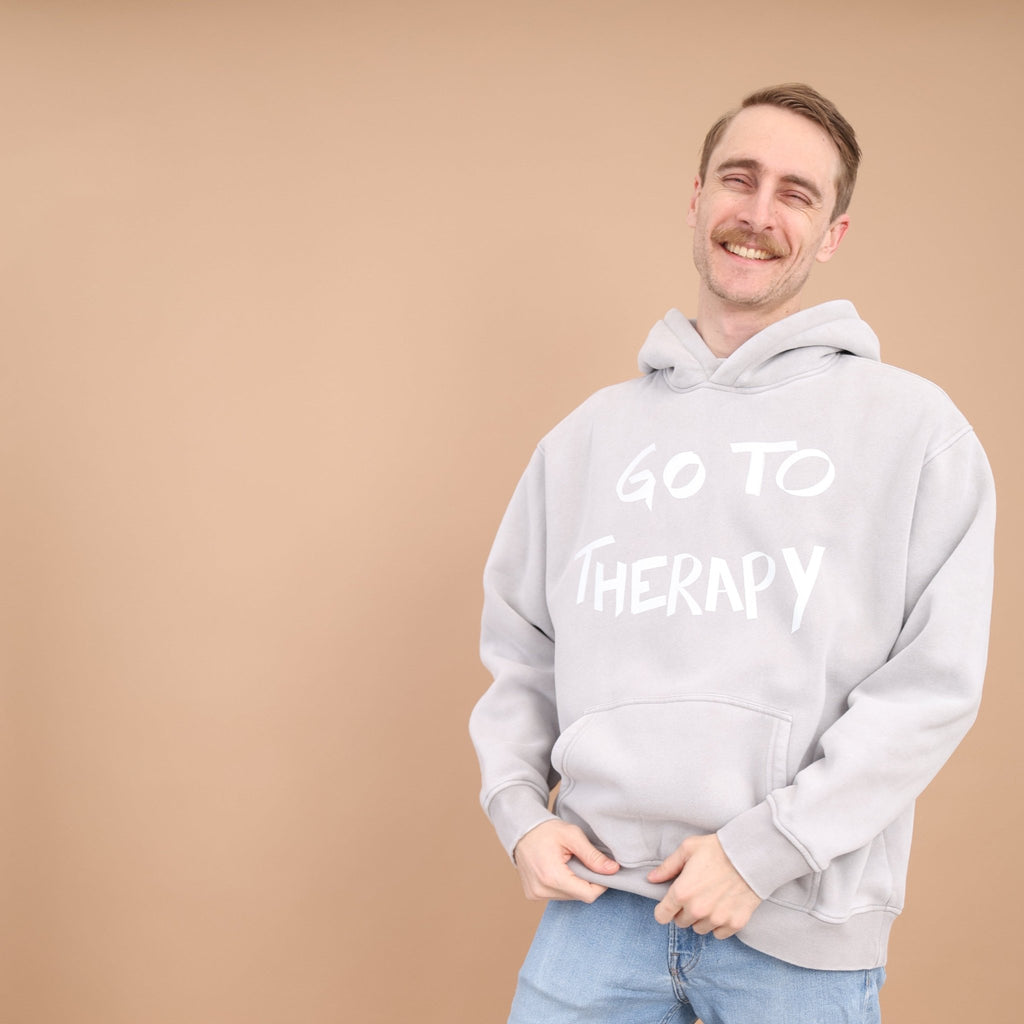 Go To Therapy Oversized Hoodie — back view, light grey, graphic text | Overthinkers Club