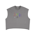 Grey Just Be Kind Boxy Tank — front flat lay, bold chest graphic | Overthinkers Club
