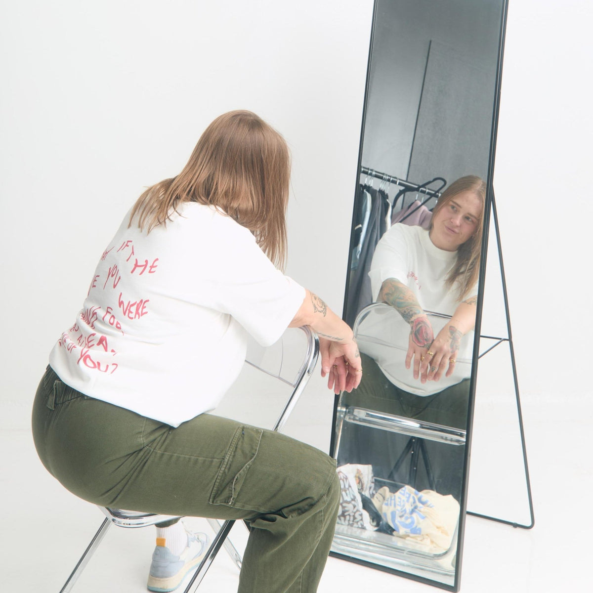 Love Yourself First Box Cut Tee — model full-length lifestyle shot | Overthinkers Club