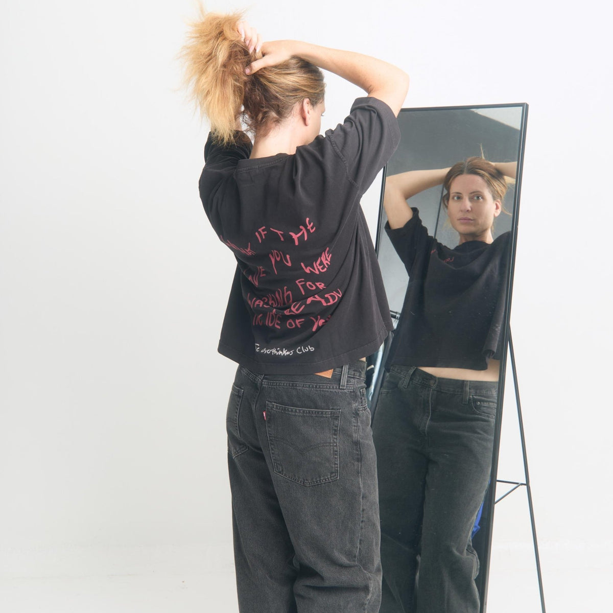 Love Yourself First Box Cut Tee — detail of graphic print and hem | Overthinkers Club