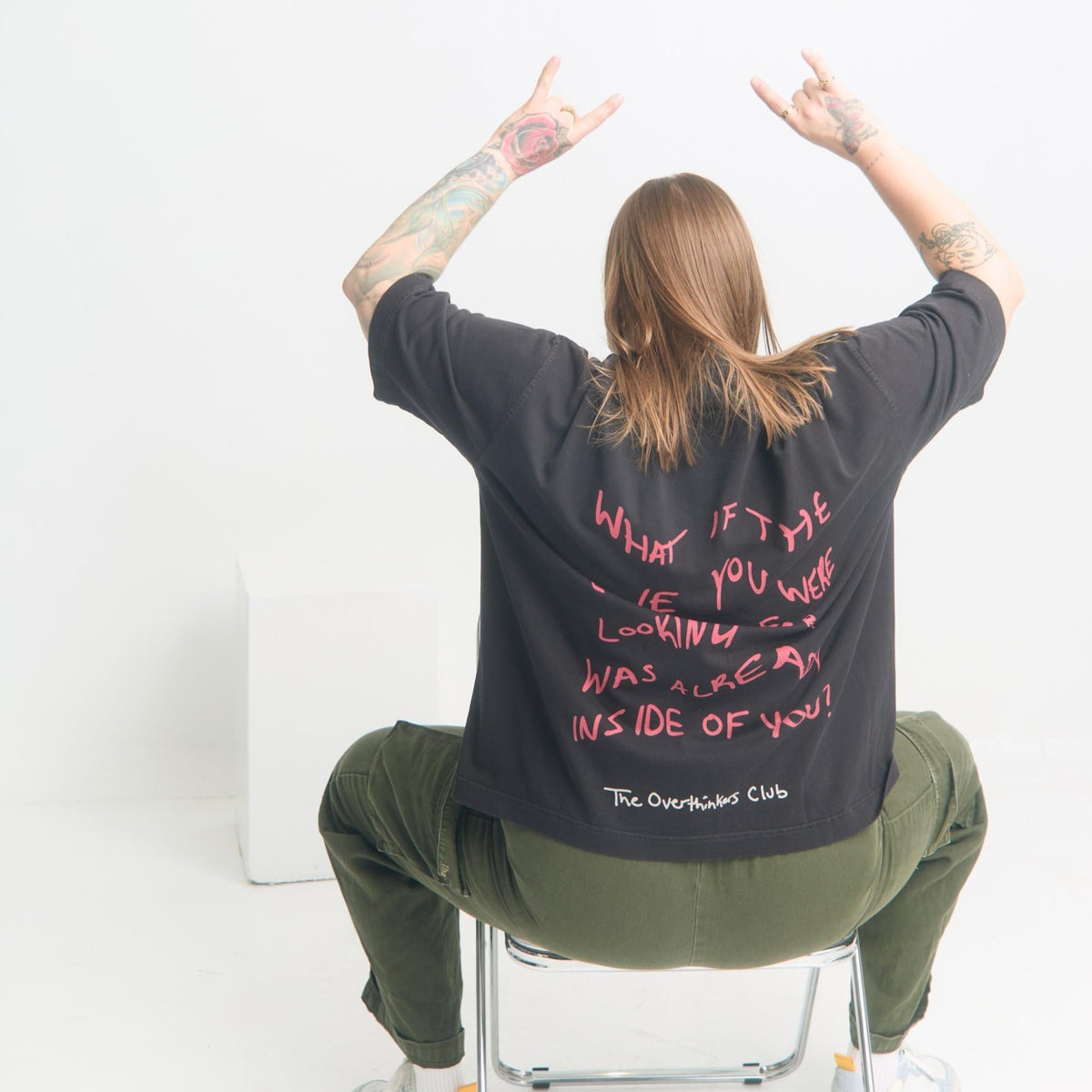 Love Yourself First Box Cut Tee — flat lay front, white cotton | Overthinkers Club
