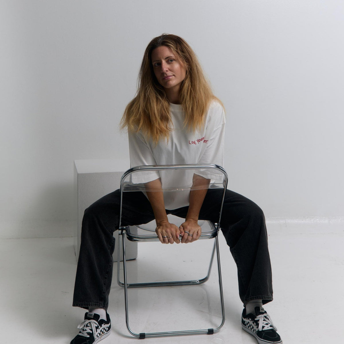 Love Yourself First Box Cut Tee — flat lay back, hemline detail | Overthinkers Club