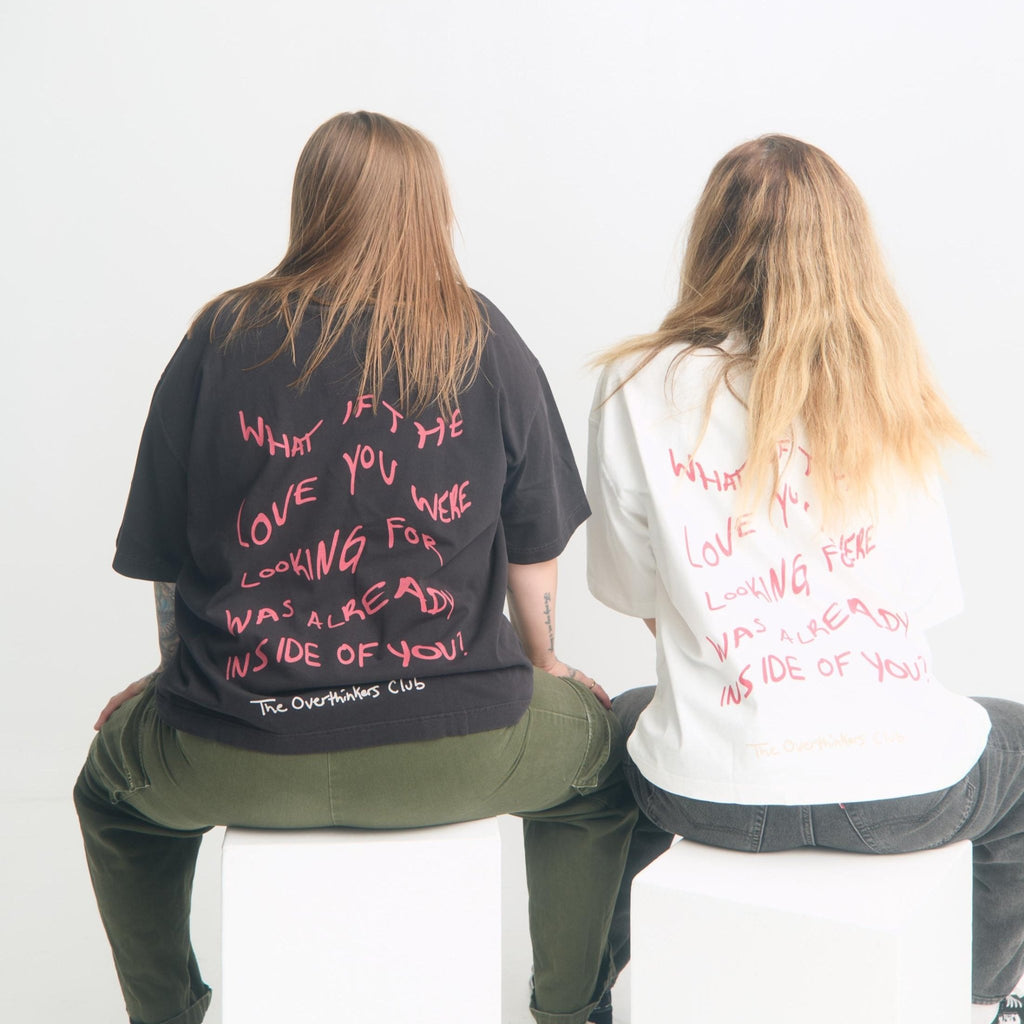 White Love Yourself First Box Cut Tee — front, wavy graphic print on boxy oversized fit | Overthinkers Club
