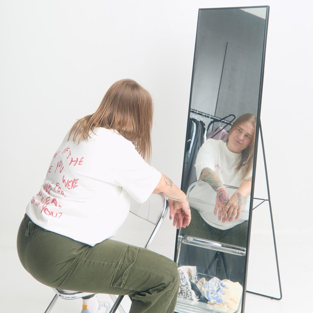 Love Yourself First Box Cut Tee — model lifestyle front, relaxed styling | Overthinkers Club