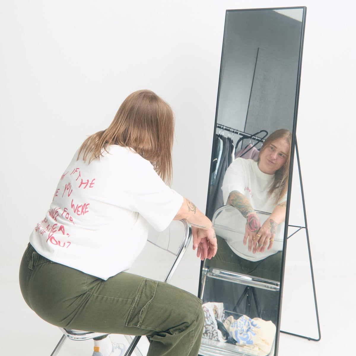 Love Yourself First Box Cut Tee — model lifestyle front, relaxed styling | Overthinkers Club