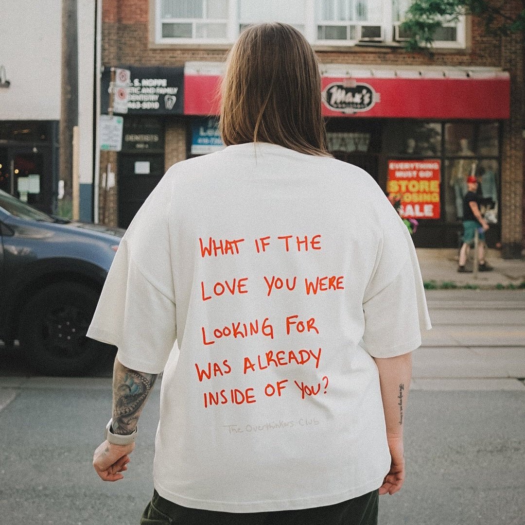 White Love Yourself First T-Shirt — front, bold graphic print on organic cotton | Overthinkers Club
