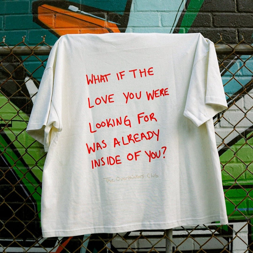 Love Yourself First T-Shirt — flat lay front, graphic print detail | Overthinkers Club