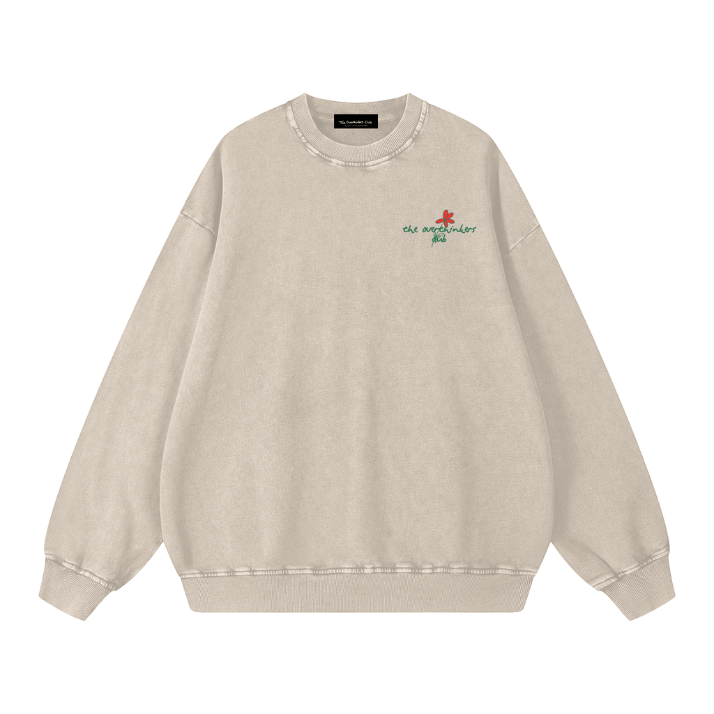 Apricot Overthinkers Club Floral Logo Sweater — front, floral detailing around logo | Overthinkers Club