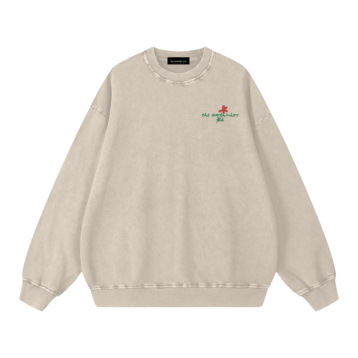 Apricot Overthinkers Club Floral Logo Sweater — front, floral detailing around logo | Overthinkers Club