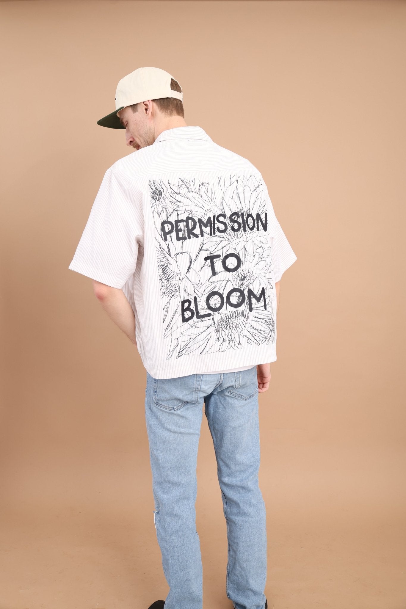 White Permission to Bloom Boxy Button Up — front, floral back graphic | Overthinkers Club